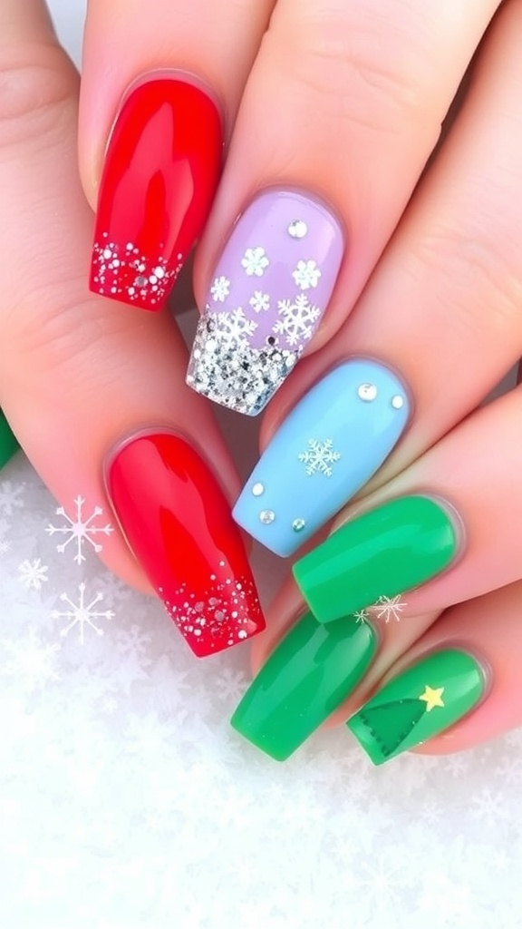 A variety of short festive nail designs for Christmas and New Year, including red glitter tips, snowflakes, and Christmas trees.
